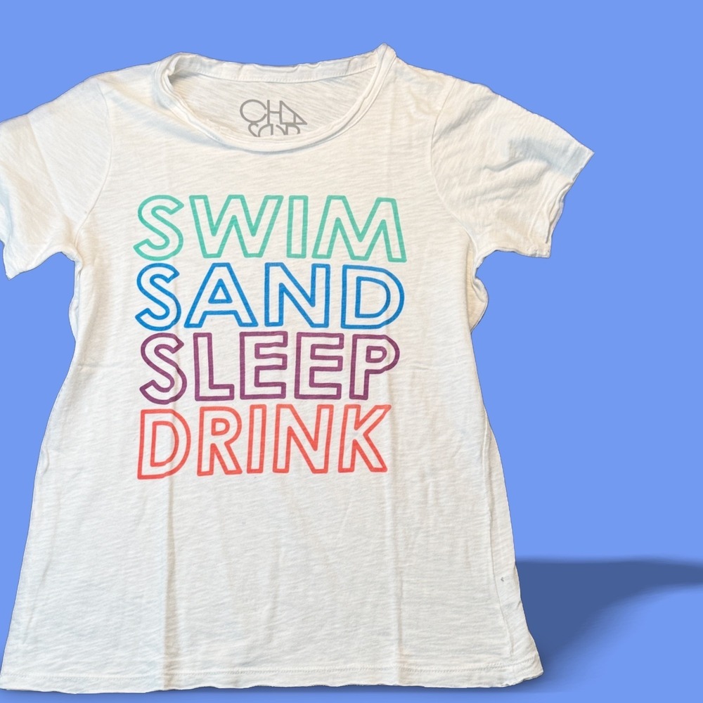 Chaser Graphic Tee Slub Knit Womens XS Swim Sand Sleep Drink Colorful
